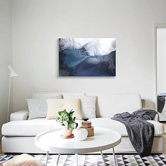 Canvas Wall Art Abstract Art Paintings Navy Blue Block and Line Graffiti is Like Running Water on White Background Modern Artwork Decor for Living Room Bedroom Kitchen 36x24in