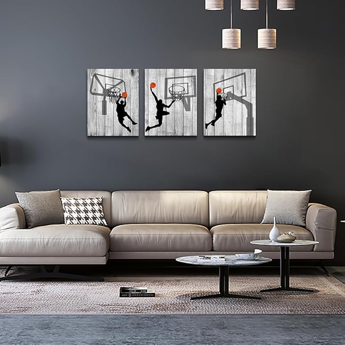 Lapremoly Canvas Wall Art For Living Room Wall Decorations For Bedroom Boy's Room Decor Black And White Pictures Sport Play Basketball Wall Paintings Office Prints Artwork Modern Home Decor 3 Piece