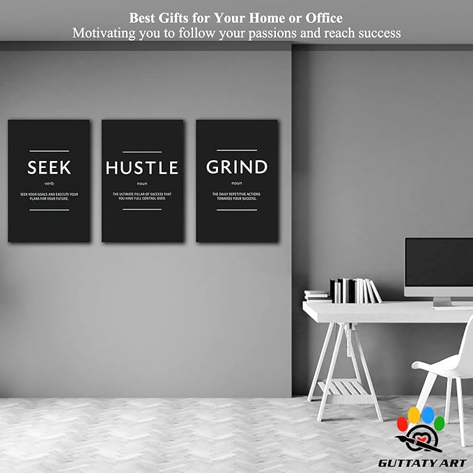 Office Wall Art - 3 Panel Motivational Wall Art, Inspirational Quotes Canvas Art for Home Office Wall Decor, Positive Quotes Wall Decor, Entrepreneur Grind Hustle Execution Poster Frame (20”x30”x3Pcs)