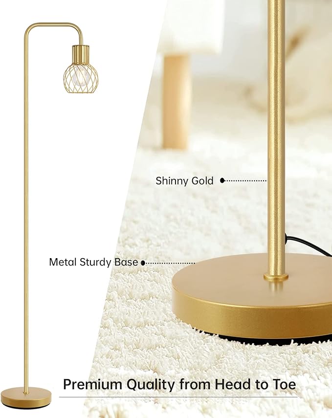 Brass Gold Standing Floor Lamp for Living Room - Modern Industrial Design with 6W LED Bulb, Foot Switch, Metal Tall Stand, Minimalist Farmhouse Boho Style for Bedroom & Office