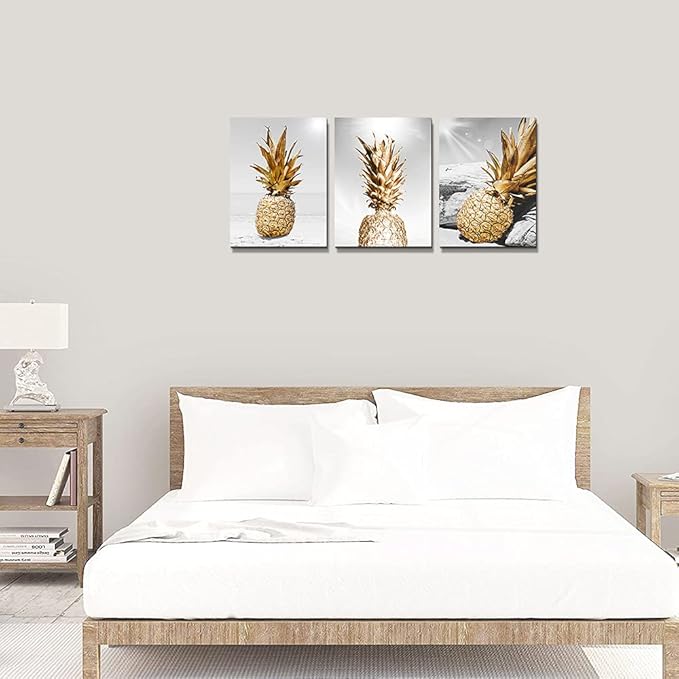 Canvas Wall Art For Bar Kitchen Living Room Office Bathroom Home Decoration Board Black And White Beach Scenery Golden Pineapple Pictures Artwork Restaurant Wall Decor Ready To Hang 20x28inch 3 Piece
