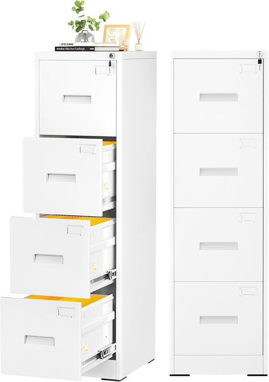 Oakcloud 4 Drawer File Cabinet for Home Office, Filing Cabinet with Lock, Metal Vertical File Storage Cabinet for A4/F4/Letter/Legal Size, Easy Assemble (15“-White)