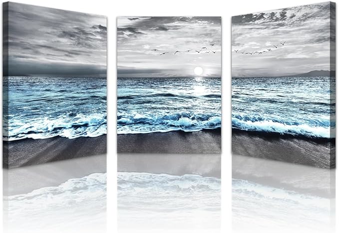 Lapremoly Canvas Wall Art For Living Room, Bedroom & Office Decor - Black & White Beach Wall Painting - Blue Ocean Sea Wave Pictures - 3 Piece Set - 20x28 in