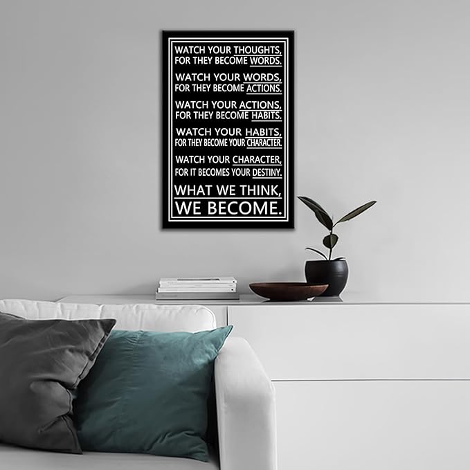 Watch Your Thoughts Motivational Wall Art Inspirational Office Decor Classroom Poster for Men Canvas Prints Artwork for Modern Bedroom Company Gym Picture Painting Stretched and Framed [12''Wx18''H]