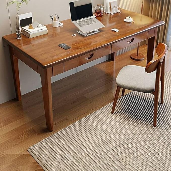 RUNNUP Modern Wood Writing Desk with 2 Drawers 47" Home Office Desk Simple Study Desk for Small Spaces, Without Chairs Nut-Brown