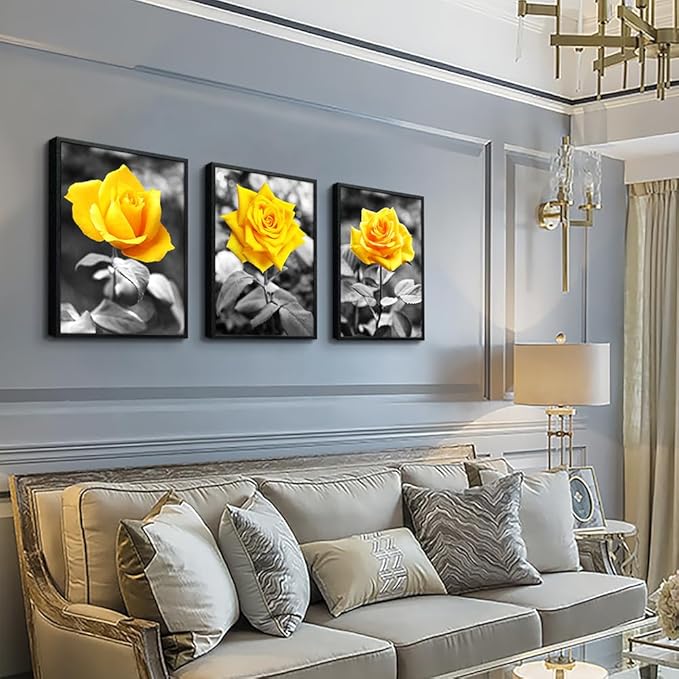 Black Framed Wall Art For Bedroom Living Room Wall Decor For Kitchen Office Decor Black And White Artwork Pictures Yellow Rose Flowers Wall Painting Modern Room Home Decor 3 Piece Framed Art Prints