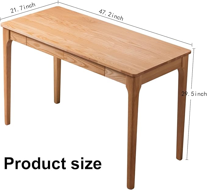 Solid Wood Desk with Drawers, Home Office Desk for Small Spaces, Gaming Work Study Desk, Student PC Desk for Bedroom, Easy to Assemble (Wood Color, 47.2 inch)