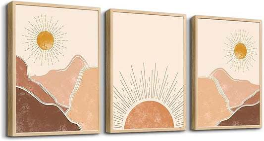 Natural Wood Framed Boho Wall Art for Bedroom, Living Room, Minimalist Office Decor - Abstract Mountain Sunshine Decorations Paintings Pictures for Girl Room Home Decor - 3 Piece