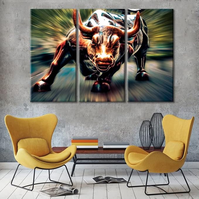 TUMOVO Living Room Wall Decor 3 Panel Colored Copper Bull Picture Print on Canvas Symbol Strength and Courage Artwork Canvas Prints Picture Home Decoration Framed Ready to Hang - 42" Wx28 H