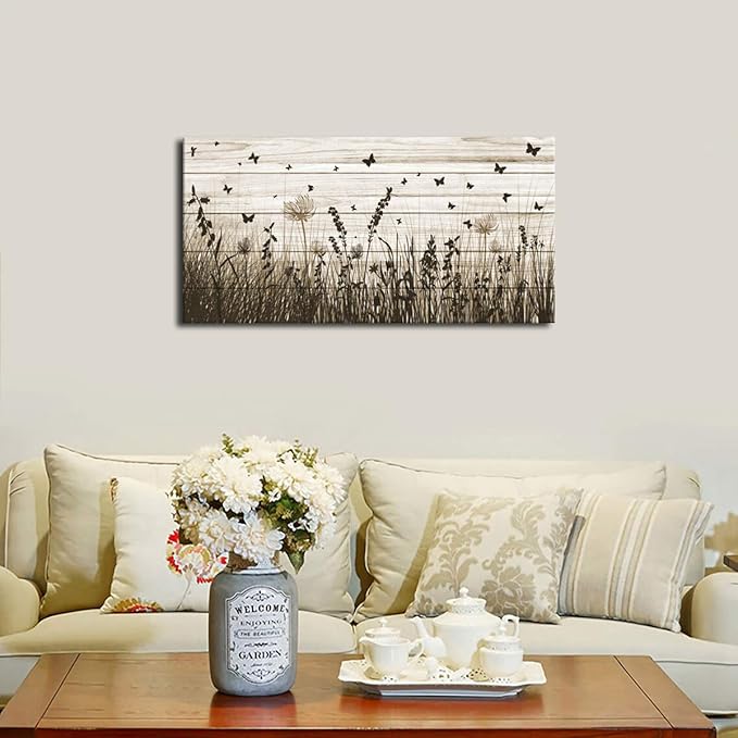 Wildflower Wall Art Autumn Canvas Picture Butterfly Grass Dandelion Artwork Vintage Wooden Board Painting Prints for Bedroom Living Room Office Home Kitchen Wall Decor Framed Ready to Hang 24" x 48"