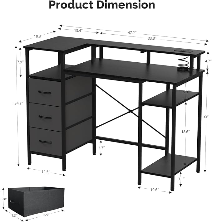 VINGLI 47 Inch L-Shaped Computer Desk, Small Computer Gaming Desk with Fabric Drawers & Storage Shelves, Charging Station, Monitor Stand for Home, Office, Black