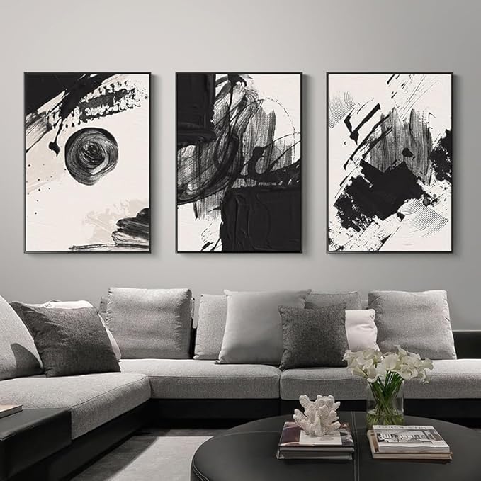 Black and White Abstract Canvas Wall Art Set,Geometric Painting Stroke Spiral Rings Shapes Illustrations Print Art Decorative Nordic Calm/Zen for Living Room, Bedroom, Office Decor 16x24x3pcs