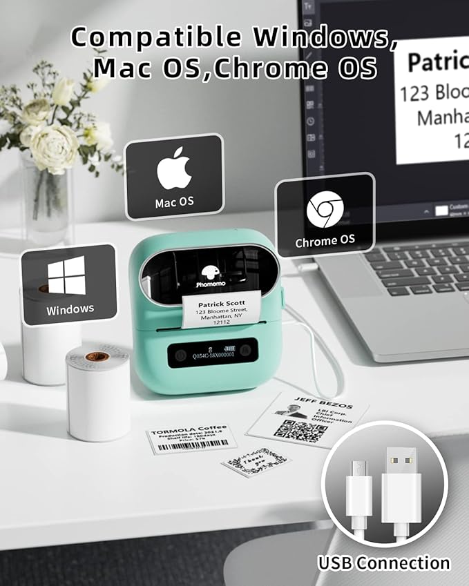 Phomemo M220 Label Maker Green & 1 Roll Transparent Thermal Label 2.76" x 3.15"(70x80mm), Upgrade 3 Inch Barcode Portable Printer, for Office & Small Business, Compatible with Phones&PC