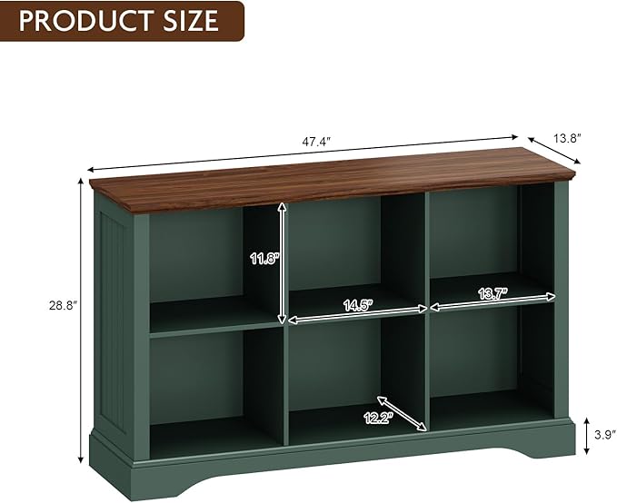6 Cube Storage Organizer - 47.4" Farmhouse Wood Low Bookshelf, 3 Tier Horizontal Open Shelf Bookcase Cubby Storage Console Cabinet for Living Room, Entryway, Office, Green