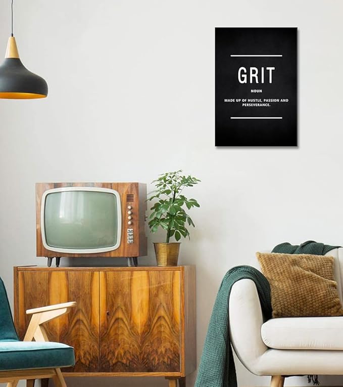 Office Wall Art Inspirational Motivational Posters Prints on Canvas Grit Noun Inspiring Entrepreneur Quotes Pictures Prints Wooden Artwork Home Decor for Living Room Framed Ready to Hang-12”Wx16”H