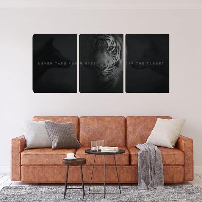 Unbruvo Tiger Motivational Wall Art - 3 Piece Canvas Prints for Office, Inspirational Leadership Quotes, Black Tiger Picture Wall Decor for Living Room, Bedroom(48''Wx24''H)
