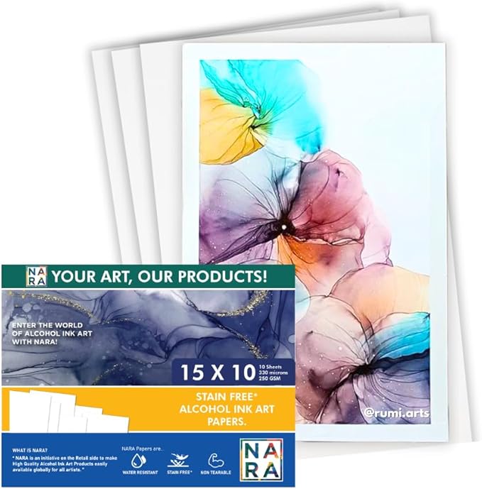 NARA Alcohol Ink Paper | White | 15 inches x 10 inches (15”x10”) | 330 microns/250 GSM | Medium+ Paper | 10 Sheets | Paper for Alcohol Ink Art Painting | 100% Stain-Free