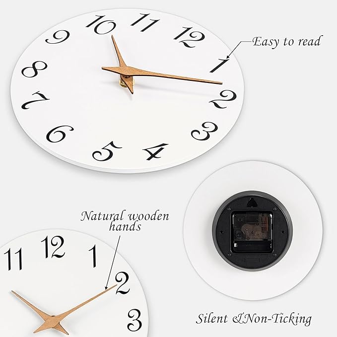 Mosewa Wall Clock White Silent Non Ticking Battery Operated Simple Minimalist Wooden Clock Decorative for Home Bedroom Living Room(14 Inch)