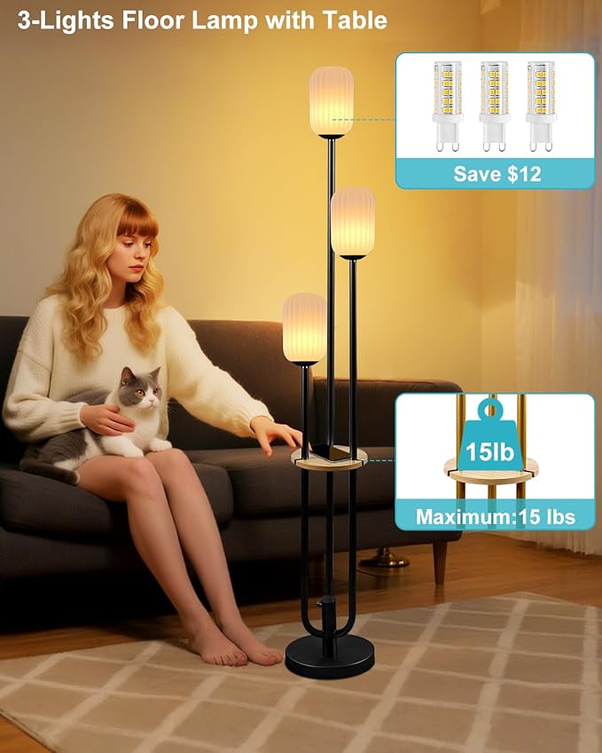 Floor Lamp for Living Room, Dimmable Vintage Floor Lamp with Shelf & LED Bulbs, 3 Light 3000K Soft Warmwhite Mid Century Standing Lamp, Tall Lamps for Bedroom Office