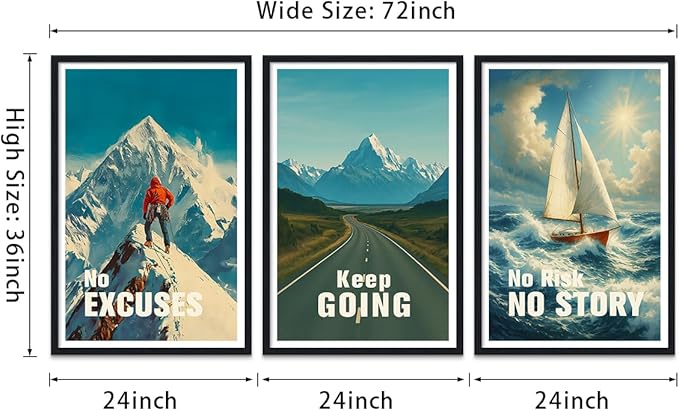 3 Piece Motivational Wall Decor - Framed Office Wall Art, No Excuses Keep Going No Risk No Story Inspirational Canvas Prints for Home Gym | Mountain Road & Sailboat Artwork | Ready to Hang 24"x36"x3