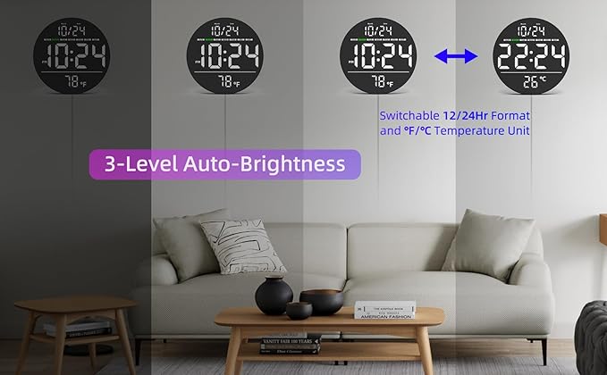 Digital Wall Clock with Large LED Display, Date, Temperature, Auto-Brightness | Small [PLUG-IN] Clock | Modern Electric Wall Clock for Bedroom, Classroom, Living Room, Home, Office, Farmhouse – White