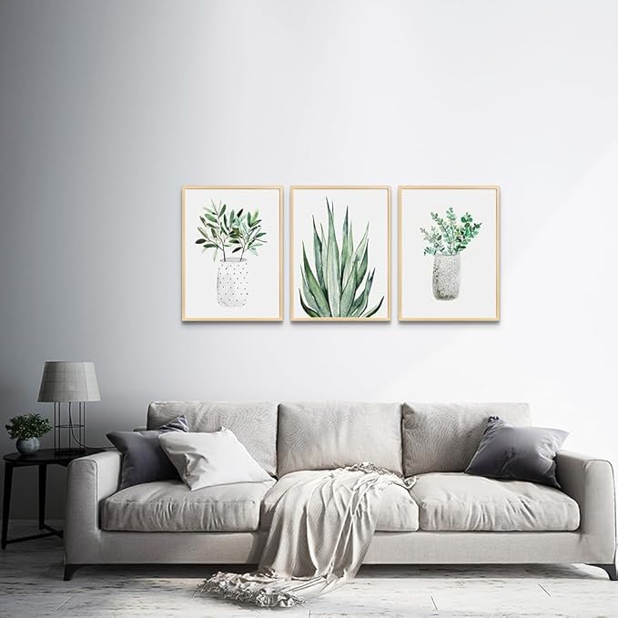 Natural Wood Framed Wall Art For Dining Room Large Wall Decor For Bedroom Kitchen Wall Decoration Living Room Decor Green Leaf Pictures Artwork For Home Walls Painting 3 Piece Framed Art Prints