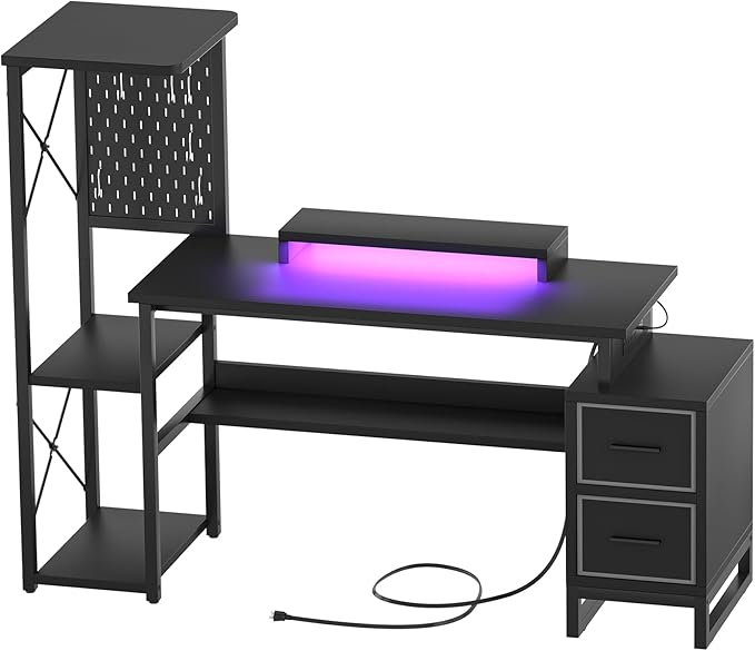 Computer Desk with 2 Fabric Drawers - Reversible Home Office Desk with Power Outlet & LED Lights, 53" Writing Desk with Monitor Stand & Storage Shelves, Gaming Desk Study Table with Pegboard, Black