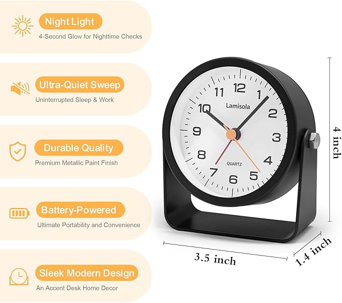 3.5 Inch Small Desk Alarm Clock, Battery Operated Analog Silent Clock with Night Light, Retro Vintage Metal Bedside Clock for Bedroom, Office, Bathroom, Dorm, Shelf, Table - Black