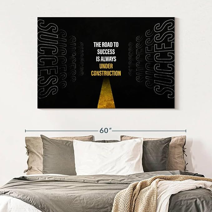 ElephantStock - Work On Your Road To Success Wall Art - Horizontal Canvas Wall Art - Home Office Wall Decor - Digital Art Inspirational And Typography Canvas Art - Black And White Decor - 51" x 34"