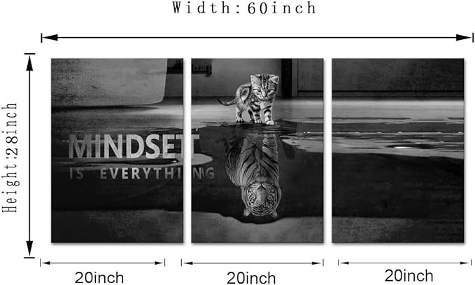 Inspirational Quotes Wall Art - Mindset is Everything Canvas Print Motivational Posters Cute Cat Tiger Animals Poster Office Pictures Artwork for Home Wall Decor, Framed Ready to Hang, 20"x28"x3PCS