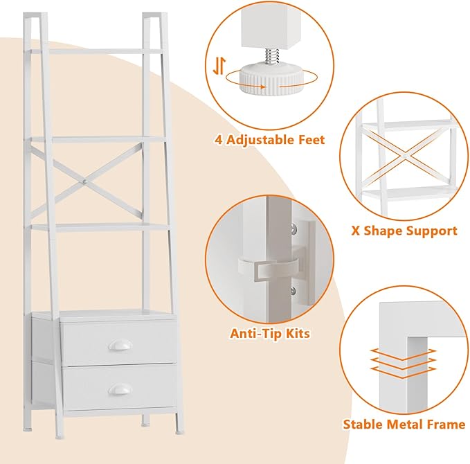 Furologee 4-Tier Ladder Shelf,Small Bookshelf with 2 Drawers,Vertical Bookcase Storage Rack Organizer,Display Bookshelves for Living Room,Bedroom,Bathroom,Home Office,Kitchen,White