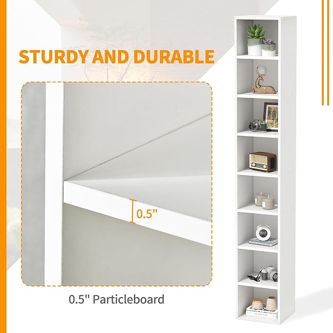 8-Tier Narrow Bookshelf, 71.5" Tall Corner Bookcase, Modern Book Shelf with Storage Space, Wooden Display Storage Shelves for Bedroom, Living Room and Office, White