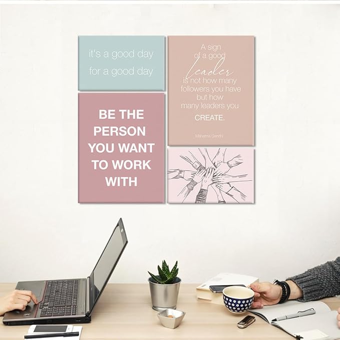 YEOION Inspirational Office Wall Art for Women,Motivational Teamwork Wall Decor for Office,Light Green and Pink Postive Quote Workplace Canvas Wall Art for Set of 6