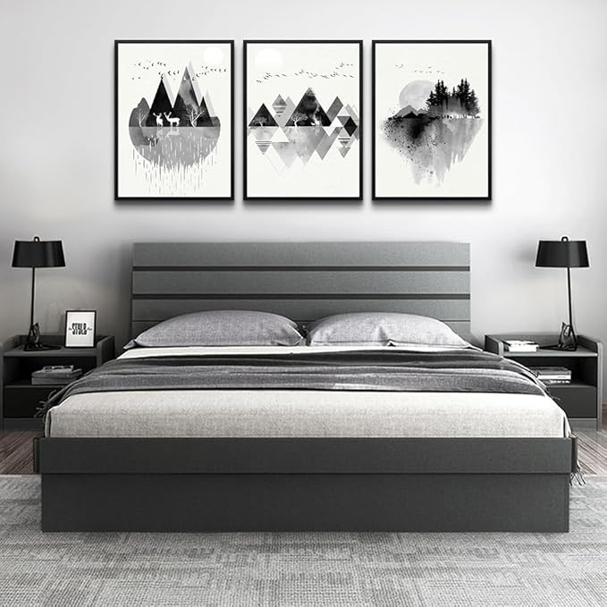 Hyidecorart Black Framed Wall Art - Large Abstract Geometric Painting - 3 Piece Framed Prints for Living Room, Bedroom & Office Decor