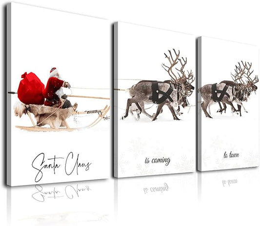 Framed Christmas Wall Art Set of 3,Santa Claus with Sleigh Canvas Art Prints,Christmas Wall Decor Living Room,Vintage Christmas Decor Santa Claus is Coming to Town Winter Wall Art Xmas Sign for Home Bedroom Bathroom Decoration,12"x16"