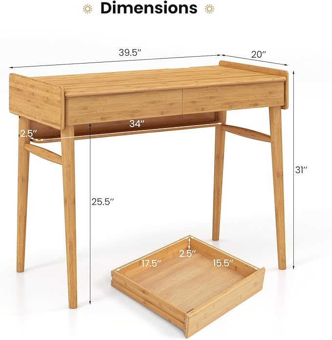 POWERSTONE 39.5" Writing Computer Desk, Modern Bamboo Home Office Desk with 2 Storage Drawers and One Shelf, Study Writing Table Workstation