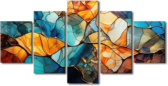 Rebotipy Abstract Canvas Wall Art Decor Modern Living Room Wall Art 5 Panel Home Canvas Art Blue Yellow Brown Glass Window Poster Printing for Men Living Room Decor Stretched Ready to Hang 60x32 in