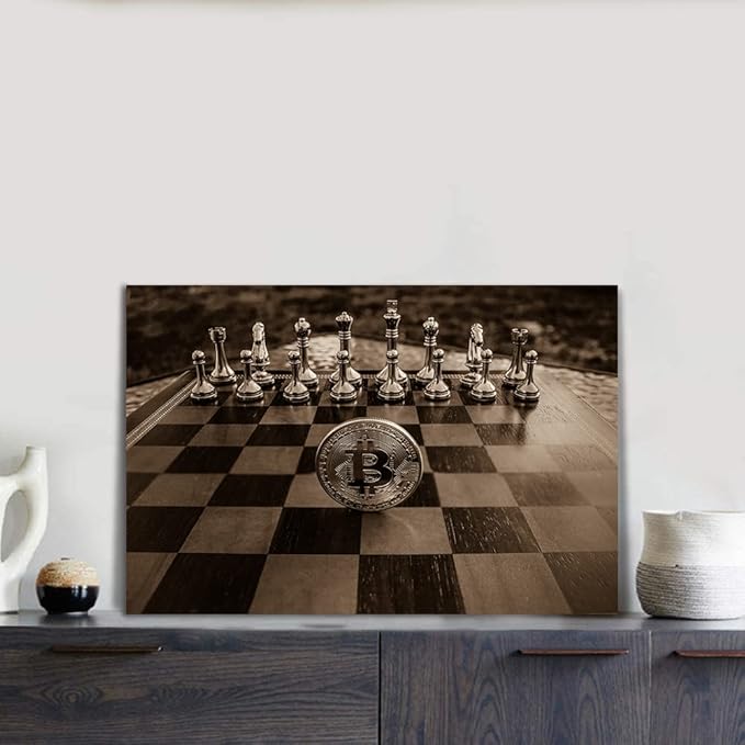 Golden Chess and Bitcoin Canvas Wall Art Motivational Life Quote Game Bitcoin Wall Art Poster Canvas Posters and Prints Pictures Chess Office Wall Decor Framed Easy to Hang-16x12 inch