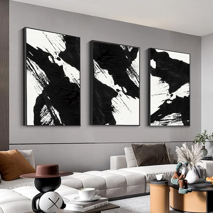 Wall Art Framed Canvas Posters Prints Black White Abstract Shapes Minimalist Illustrations Modern Art Boho Decor large size 24"x32"x3 Panels Art Decor for Living Room Bedroom Office Wall Decorations