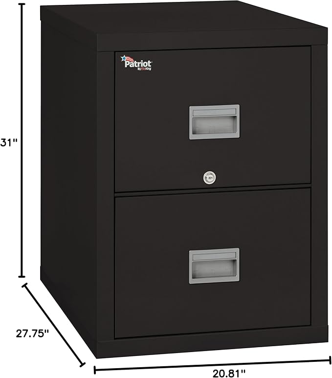 FireKing Patriot 2P2131-CBL Insulated UL Class 350 one-Hour Fire Rated Vertical Filing Cabinet with 2 Drawers, Deep Legal Size, 31-9/16" Length x 20-13/16" Width x 27-3/4" Height, Black