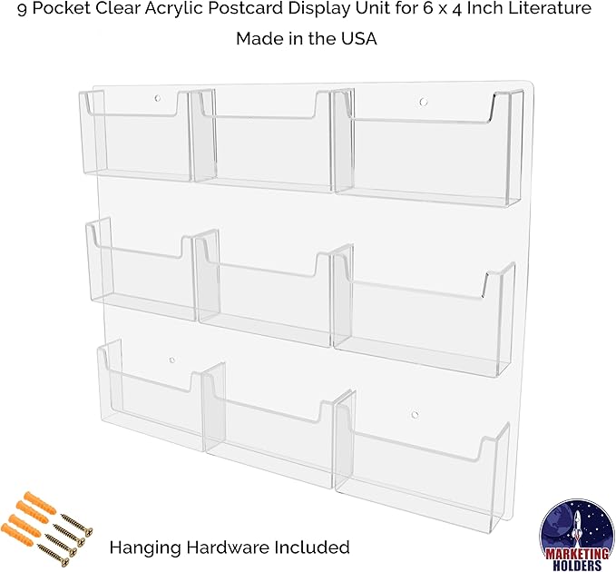 Marketing Holders Post Card Holder Acrylic 9 Pockets Holds 6" Printed Media Hanging Hardware Included Use at Travel Centers Real Estate Offices Hotels Resorts Convention Centers Eye Catching Clear