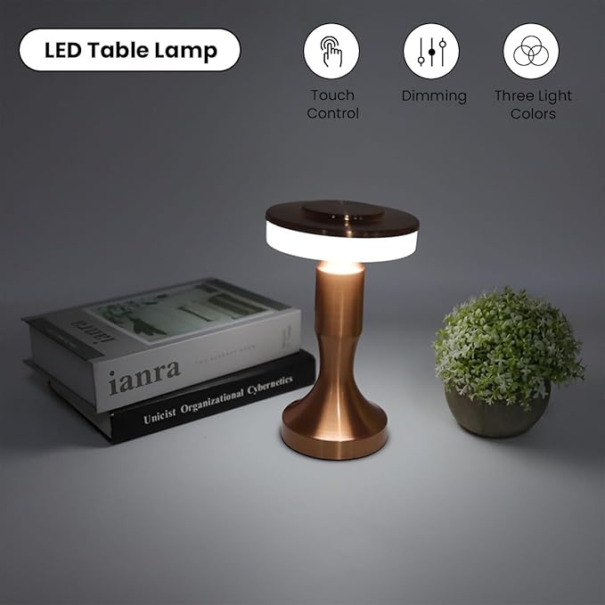 3W LED Table Lamp, 3 Color Temperatures Dimmable Rechargeable Cordless Desk Lamp, Portable Bedside Lamp with Touch Sensor for Dining Room (Copper), Locadence7ty1eqdfx0-13
