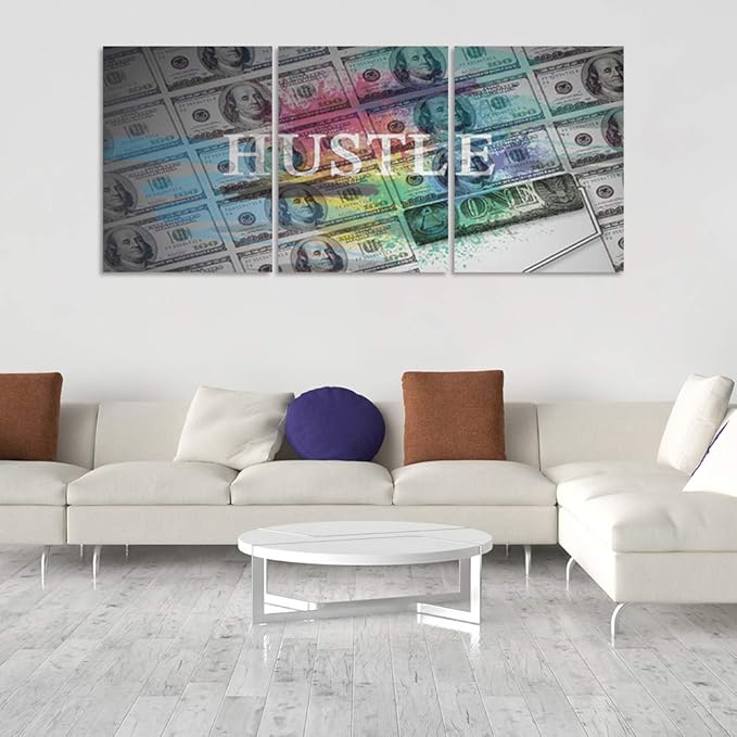 Hustle Wall Art Inspirational Posters Motivational Canvas Wall Art Entrepreneur Quotes Prints Wall Decor 3 Pieces Inspiring Success for Office Home Living Room Bedroom Framed Ready to Hang(60”Wx28”H)