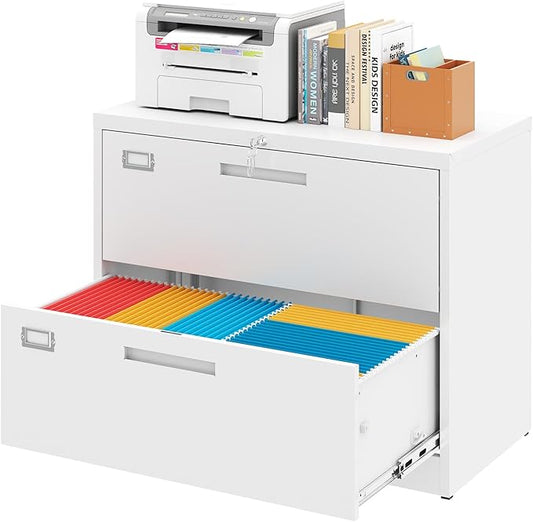 2 Drawer Locking Lateral File Cabinet, Wide&Deep White Metal Filing Cabinet for Letter/Legal/A4/F4 Files, Includes Card Holder and Hanging Folders for Home Office, School, Business