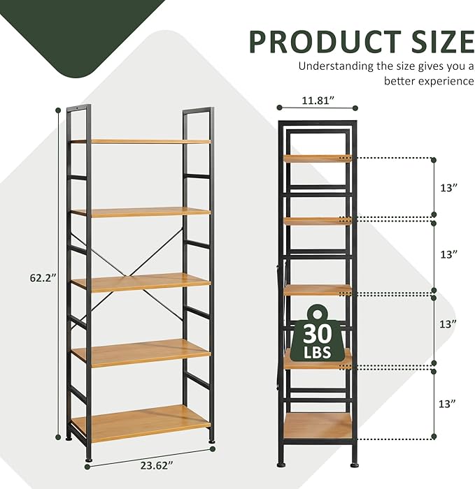 5 Tier Bookshelf, Free Standing Wooden Bookcase with Open Storage Shelves with Metal Frame, Sturdy Shelf Organization Display Rack for Living Room, Bedroom, Home Office, 62.2" Tall, Wood