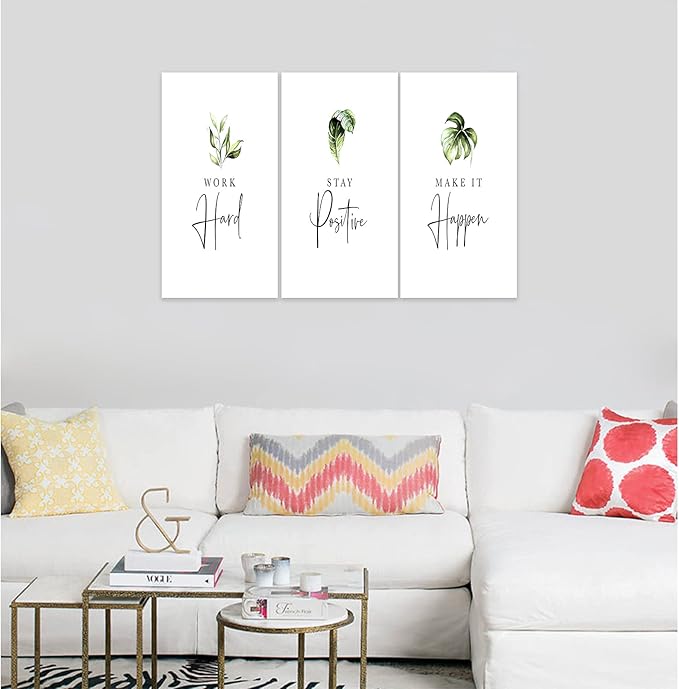 3 Piece Inspirational Wall Art, White Plants Sayings Picture, Quotes "Work Stay Make it" Canvas Prints for Office Decor, Triptych Entrepreneur Framed Artwork for Women Men Home Wall Decor (36"Wx24" H)