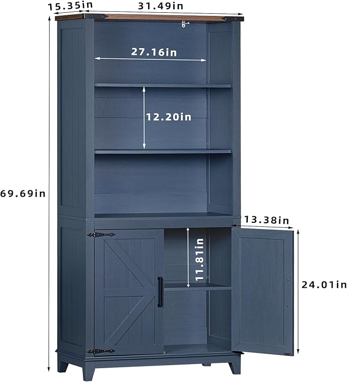 70in Tall Bookshelf 5 Tier Bookcase with Barn Doors and Adjustable Shelves, Blue Farmhouse Book Shelf with Storage Cabinet, Wood Freestanding Display Bookshelves for Bedroom, Living Room | Bookcase, Barn Doors, Adjustable Shelves, Book Shelf, Storage C...