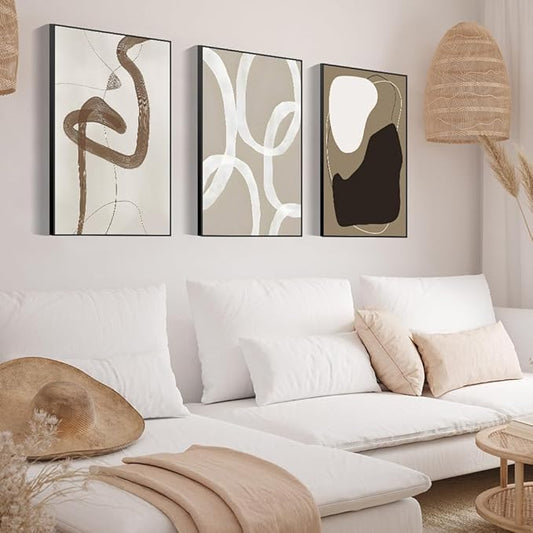 Wall Art Framed Canvas Print Set Paint Strokes Abstract Shapes Illustrations Minimalism Bohemian Black White Grey Modern Style Art Decor 24 "X 32" X 3 Panels Aesthetic Living Room Bedroom Office