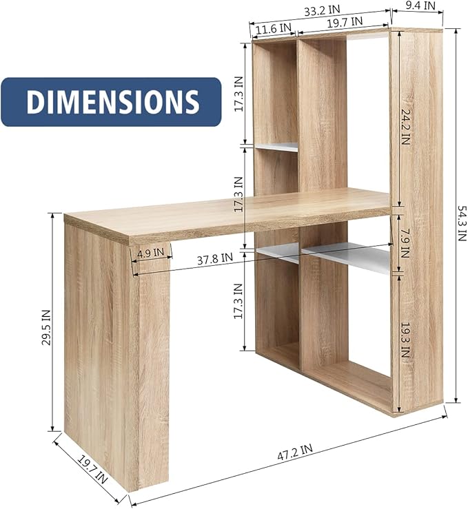 Computer Desk with Large Shelves, 47.2" Spacoius Home Office Writing Corner Gaming Table Vintage Design Work Station Convenient for Study Room Bedroom, Oak