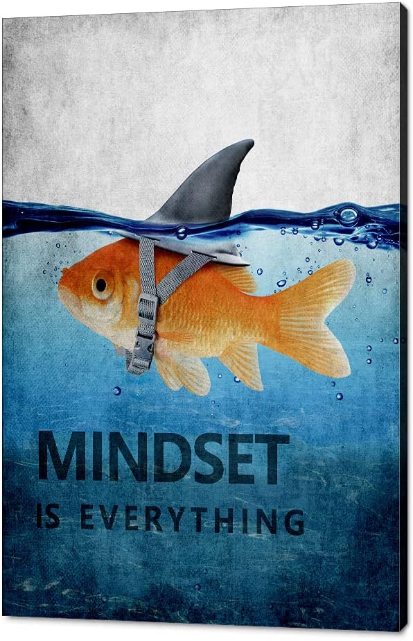 Inspiration Office Canvas Wall Art Posters Goldfish Pictures Big Shark Canvas Painting Mindset is Everything Print Poster Home Decor for Guest Room Bar, Framed 24" W x 36" H